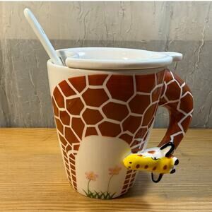 Giraffe Mug with Lid & Spoon Ceramic Animal Coffee Cup